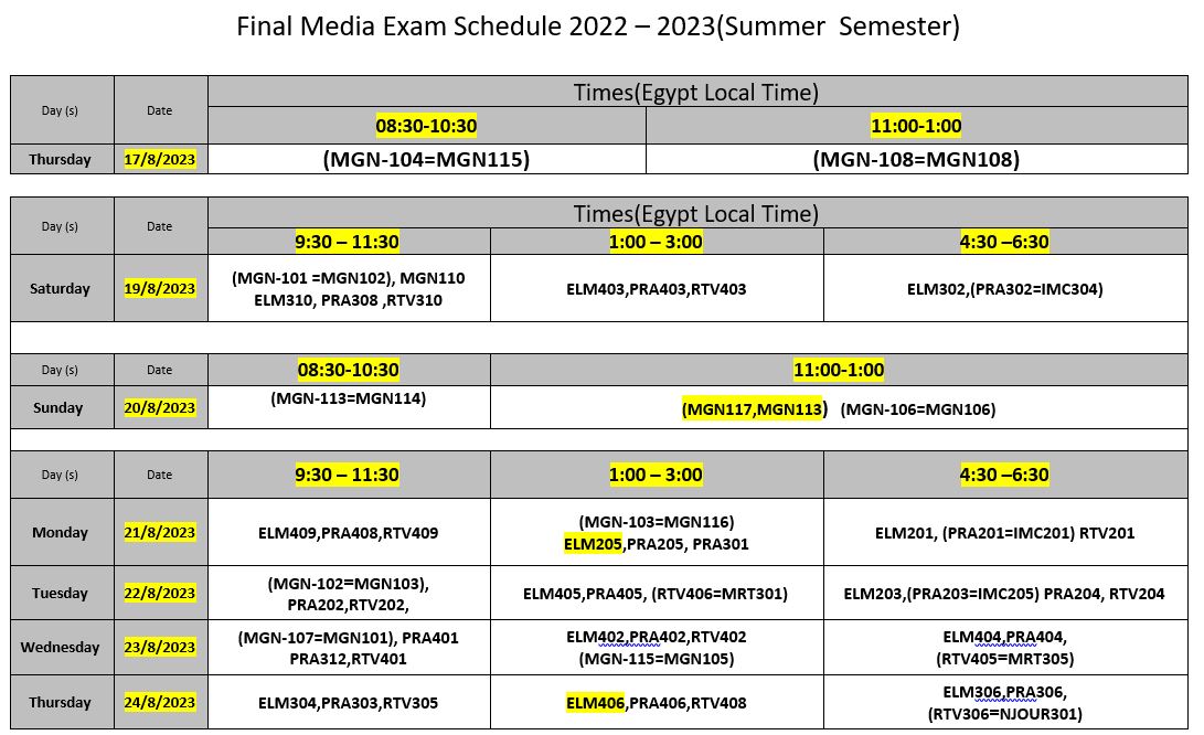 Endicott Final Exam Schedule Fall 2023 www.aou.edu.eg